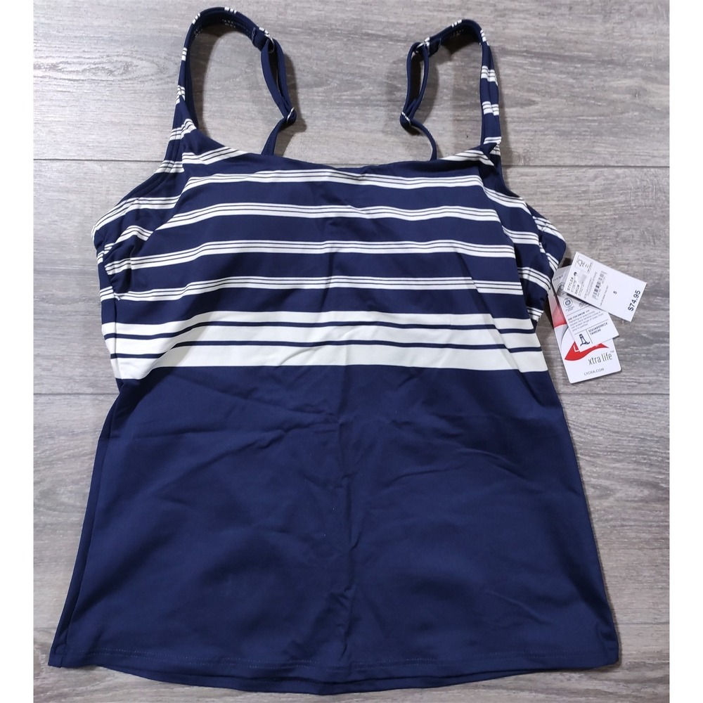 Lands End Tankini Adult Size 8 Blue Beige Striped Squareneck Swimwear Womens